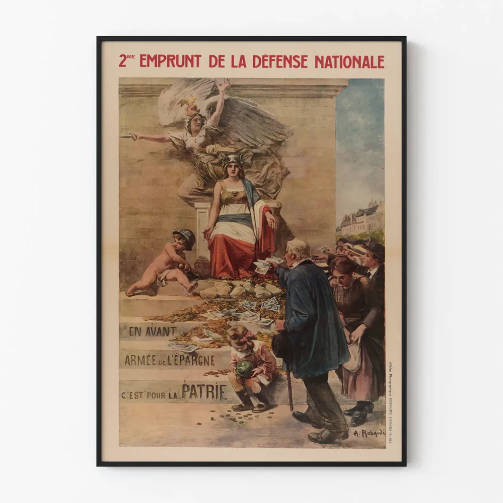Vintagemainos juliste Kansallisen puolustuksen toisesta lainasta