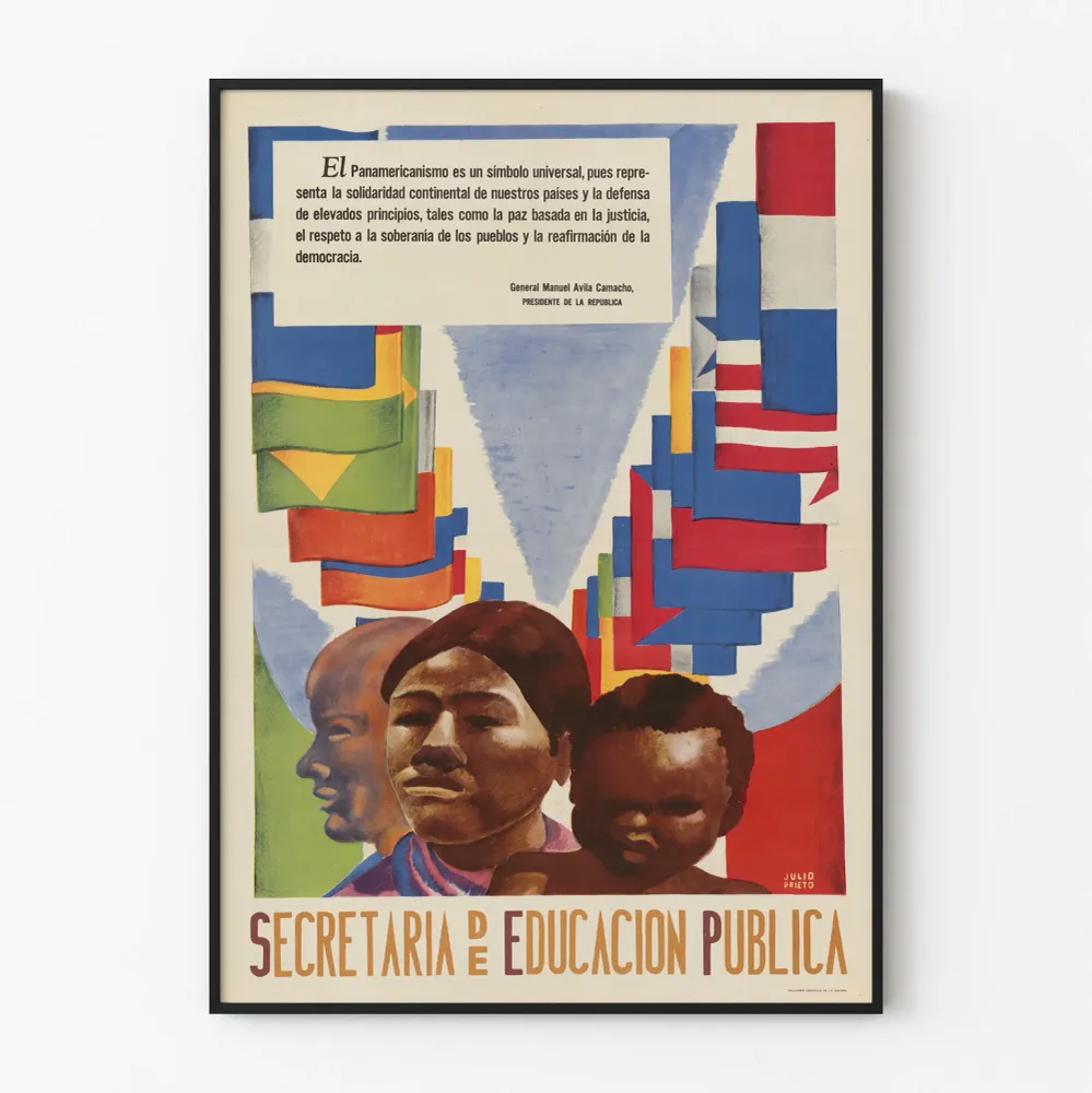Vintagemainos Secretaria de Educacion Publica, jossa muotokuvia ja värikkäitä liput