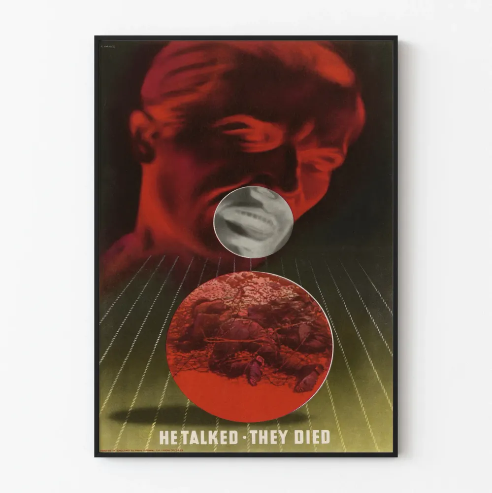 Vintagemainosjuliste 'He Talked They Died' seinäkoristukseen
