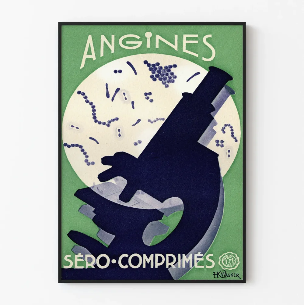 Vintage-mikroskoopin juliste Angines Séro-Comprimés