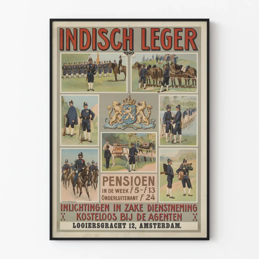 Vintagemilitaarinen juliste Indisch Leger 1909 seinäkoriste