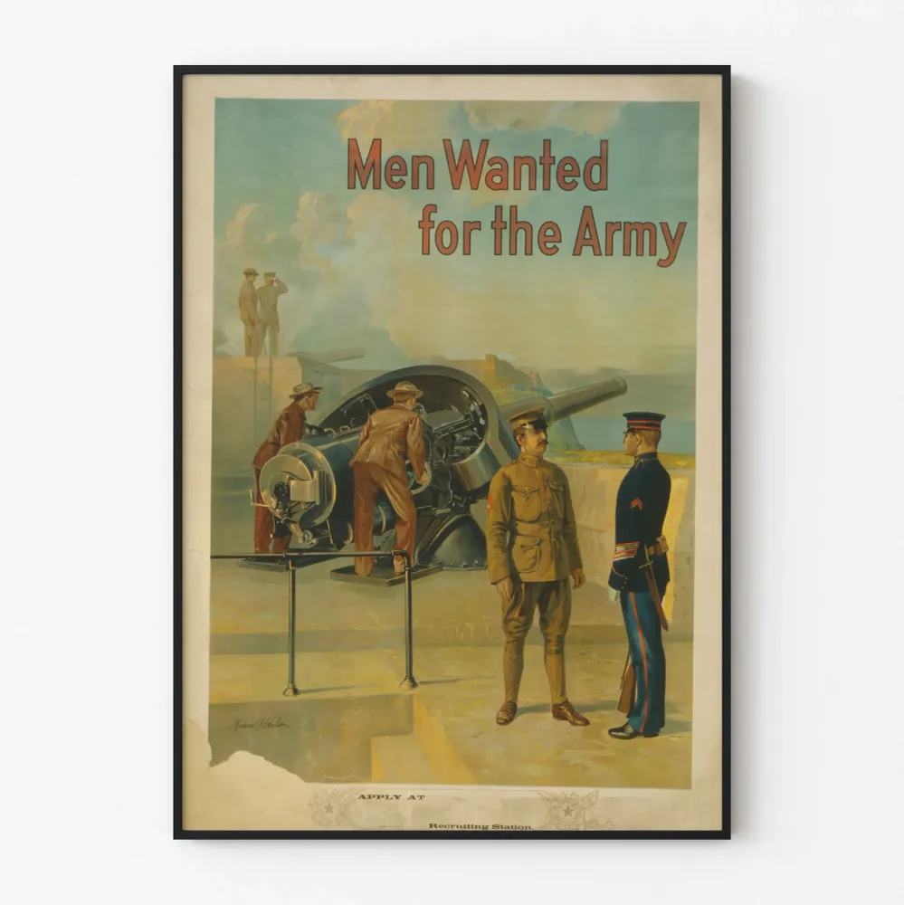 Vintagemilitaarinen juliste "Miehiä tarvitaan armeijaan"