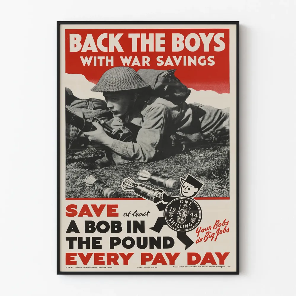 Vintagemilitaarinen propagandajuliste « Tuki poikia sodan säästöillä »