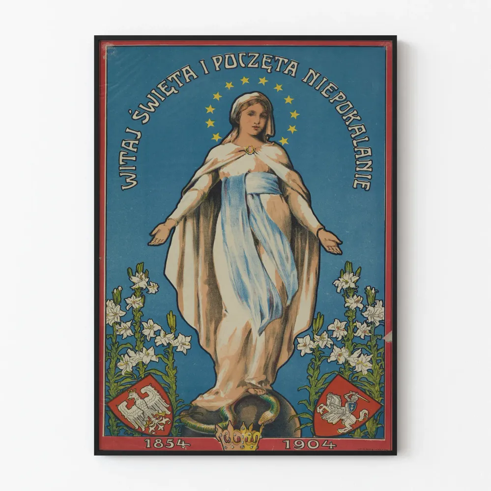 Vintagemäinen uskonnollinen juliste Neitsyt Marian koskemattomuus 1854-1904
