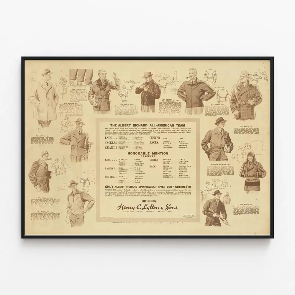 Vintage-muoti Juliste Miehekäs Albert Richard 1939 - Jalkapallo All-American Joukkue