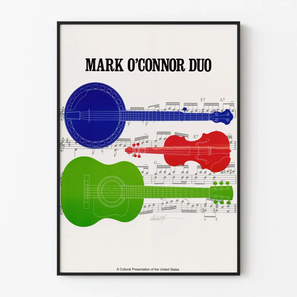 Vintagemusiikkijuliste värikkäistä instrumenteista Mark O'Connor Duo
