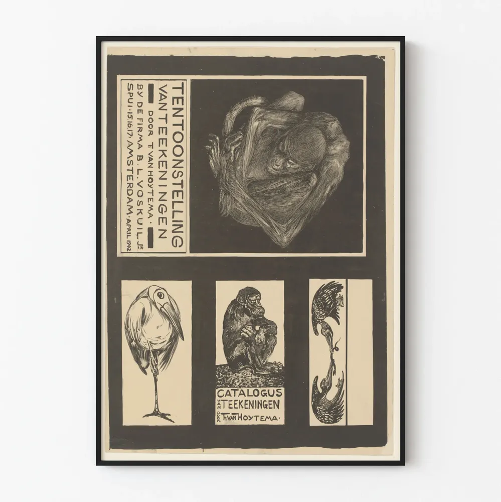 Vintage-näyttelyjuliste apinoista ja linnuista mustavalkoisena
