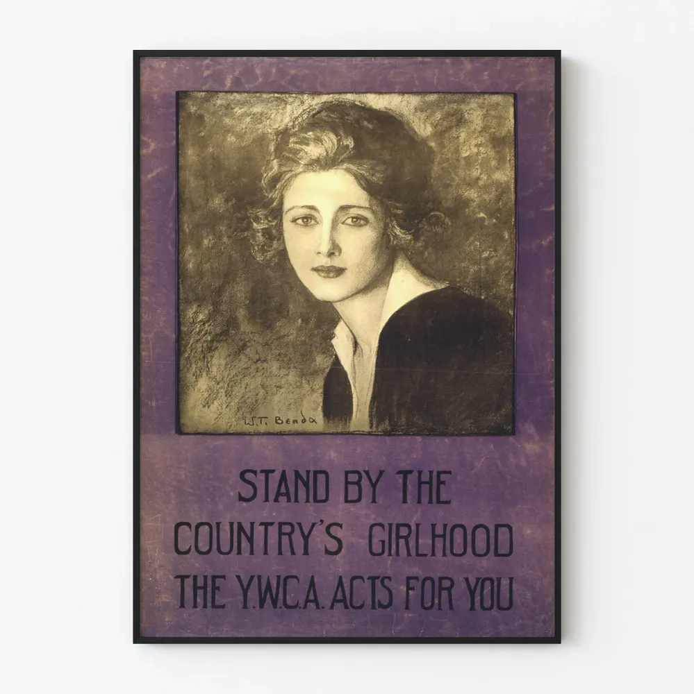 Vintage-porträtjuliste nuoresta tytöstä ja viesti Y.W.C..