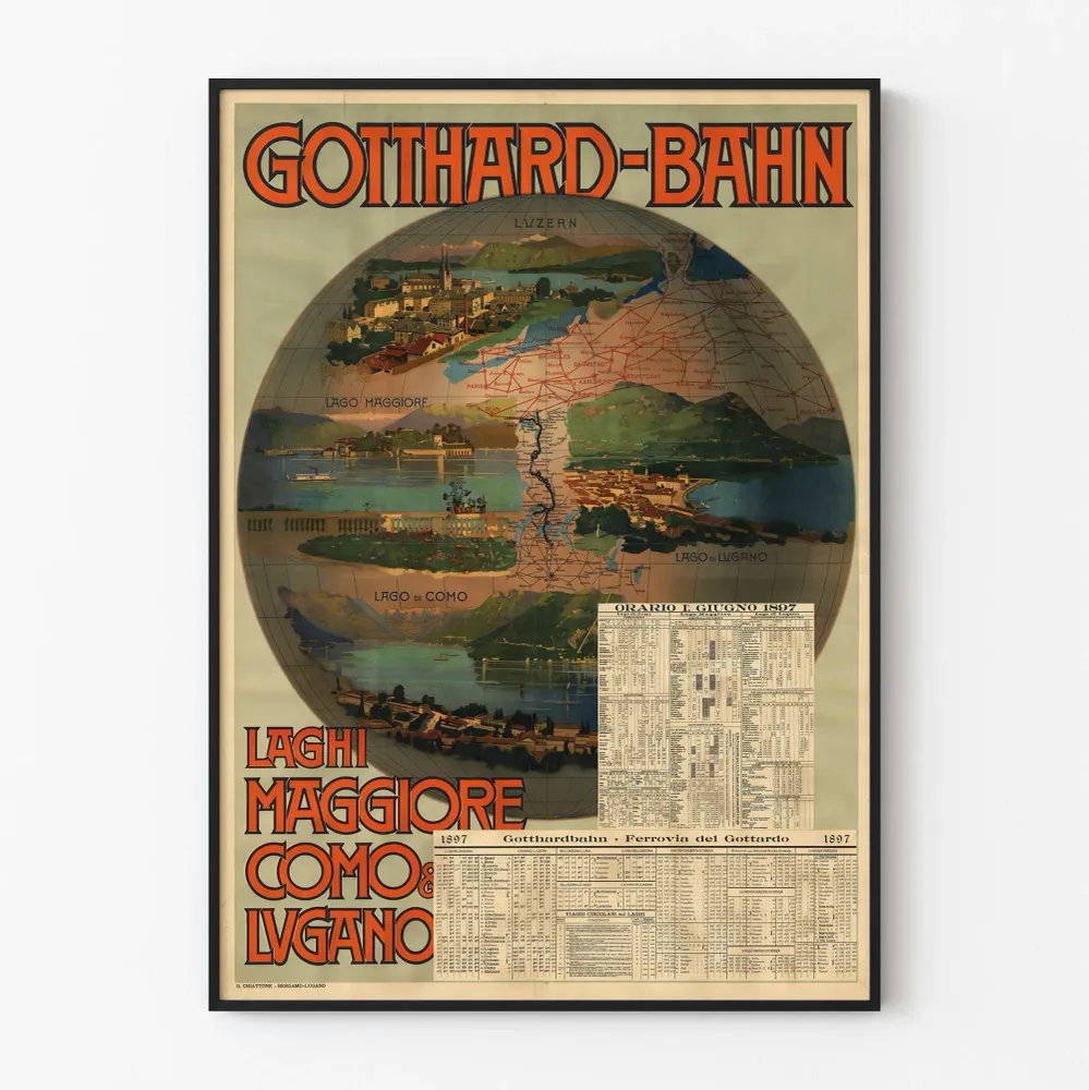 Vintage-rautatiejuliste Gotthard-Bahn Laghi Maggiore, Como ja Lugano 1897