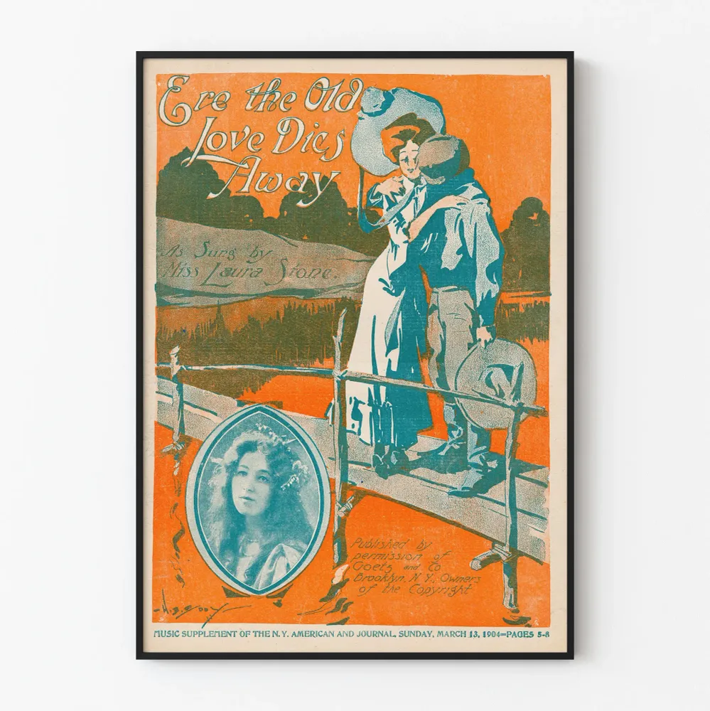Vintage-romanttinen juliste "Ere Old Love Dies Away" 1904