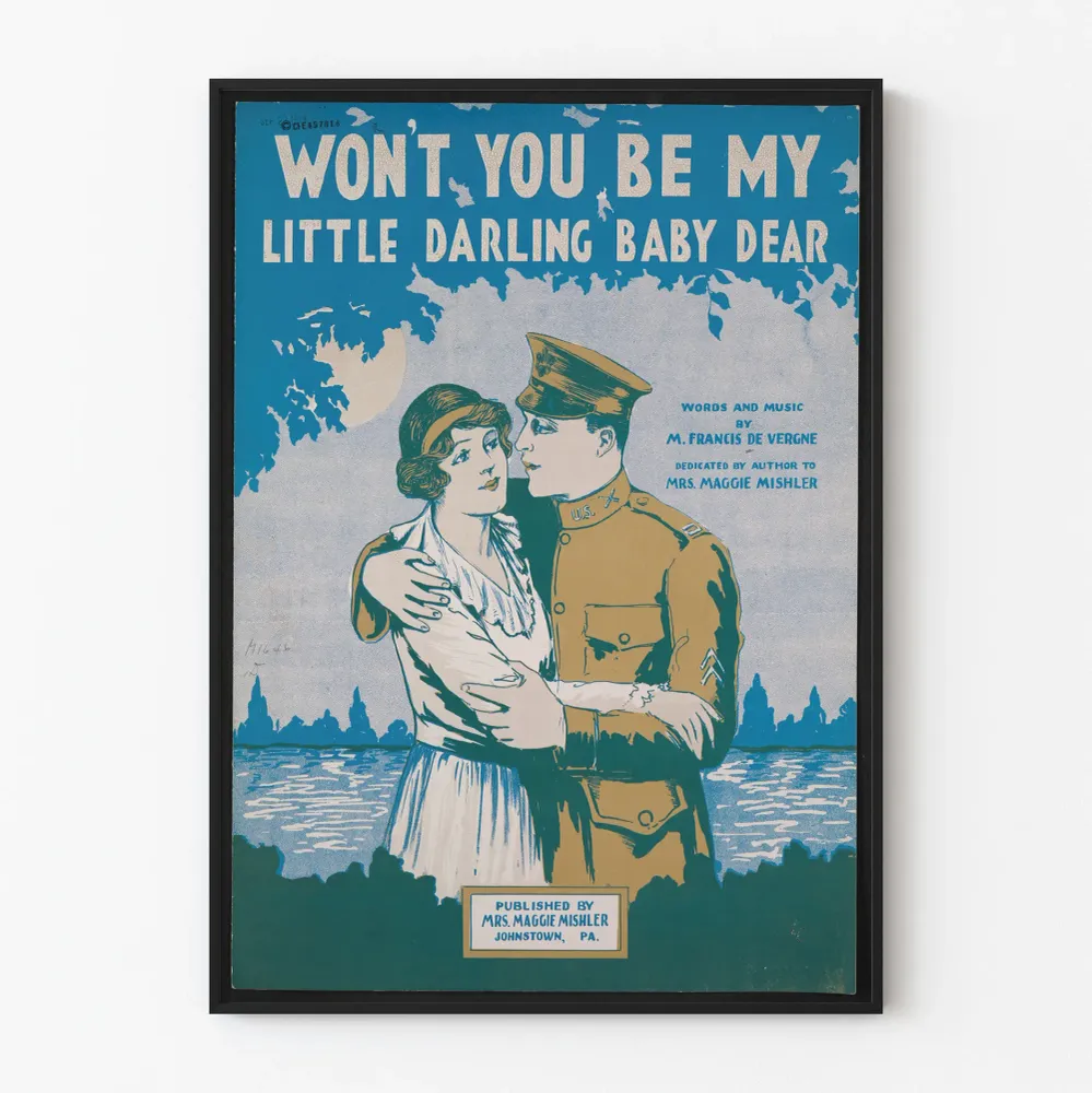 Vintage-romanttinen juliste sotilaasta ja nuoresta naisesta veden äärellä