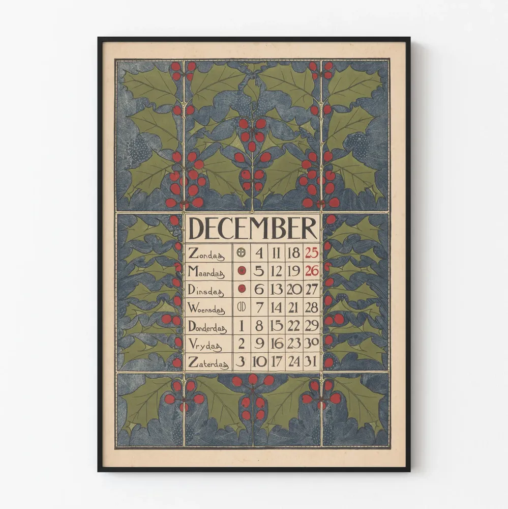 Vintage-seinäjuliste joulukalenteri joulukuun 1898 - kausittainen sisustus