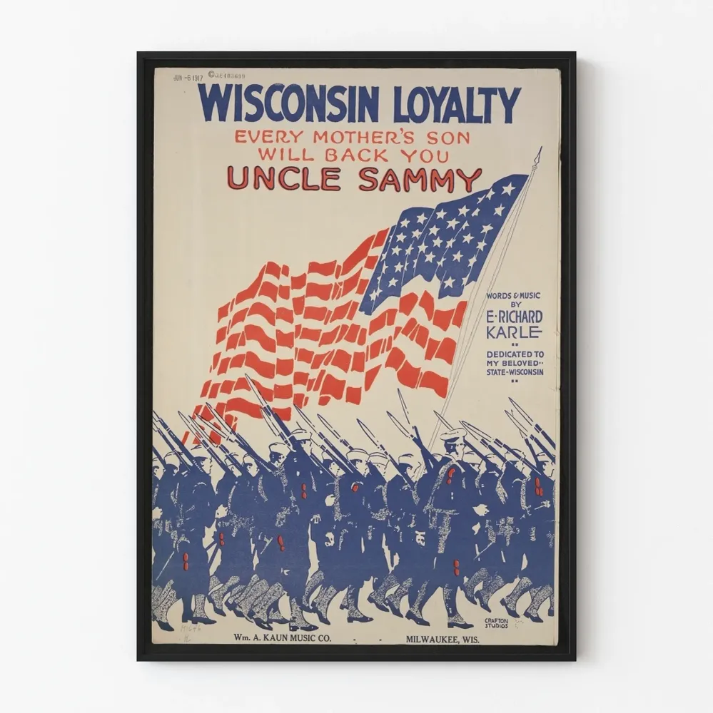Vintage-seinäjuliste Wisconsin Loyalty 1917 - Isänmaallinen paraati ja Yhdysvaltain lippu
