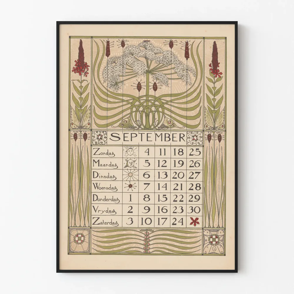 Vintage-seinäkalenteri syyskuu 1898 - kasvi-aiheinen juliste sisustukseen