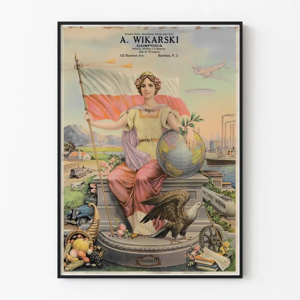 Vintage-seinäkoristejuliste . Wikarski Gospoda edistyksen allegorialla