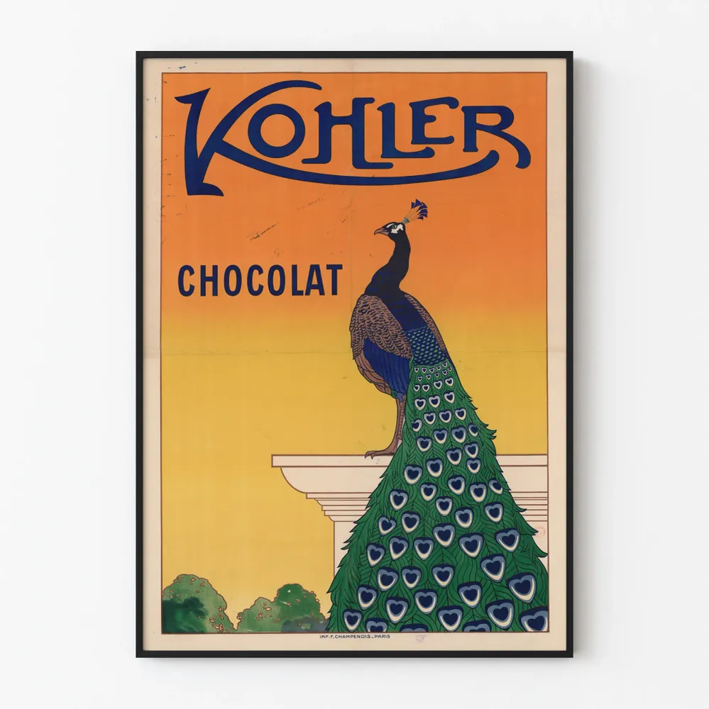 Vintage-suklaa Kohler juliste värikkäällä peacockilla