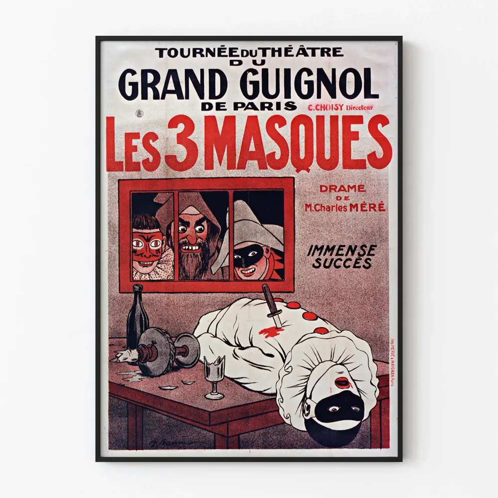 Vintage-teatterin Grand Guignol -juliste, Les 3 Masques