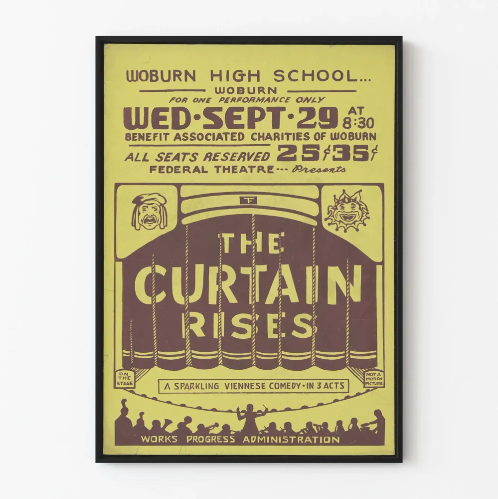 Vintage-teatterin juliste Curtain Rises - Retro-seinäkoristelu