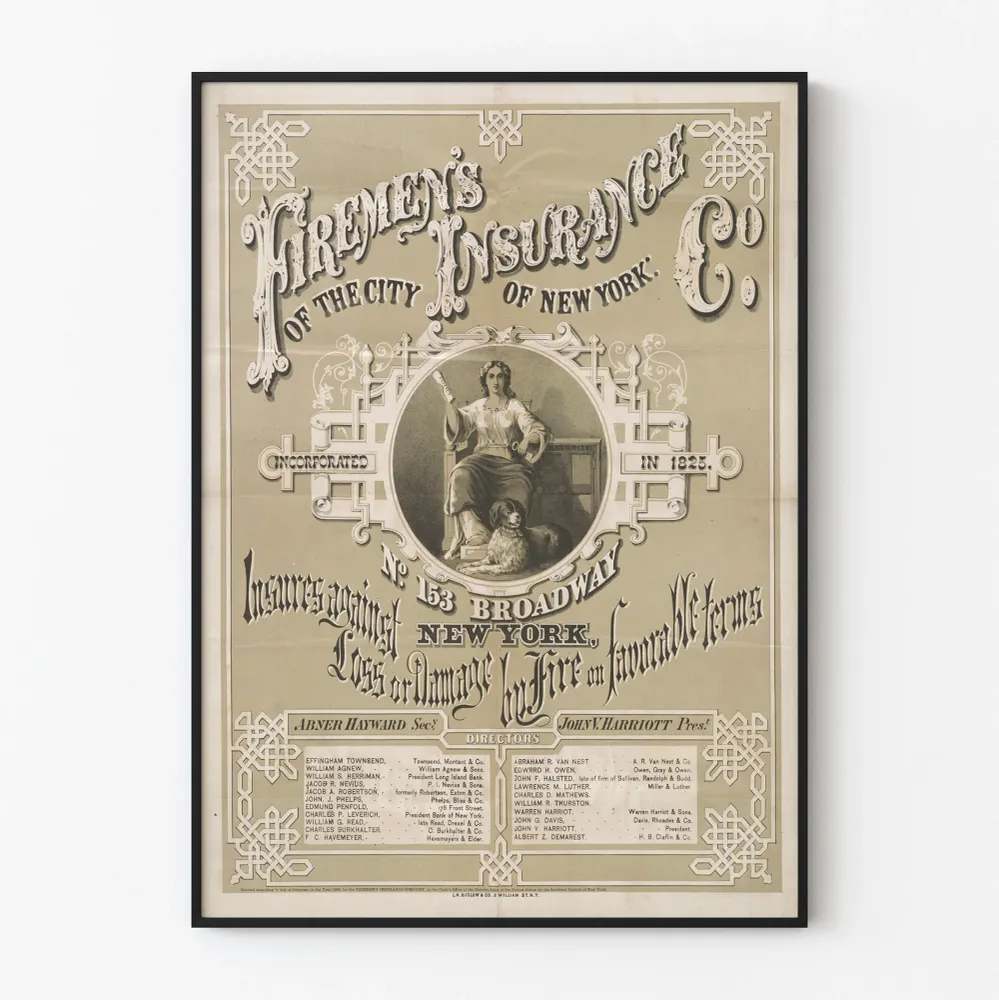Vintage-tulipalon vakuutusjuliste New York Firemen's Insurance Co.