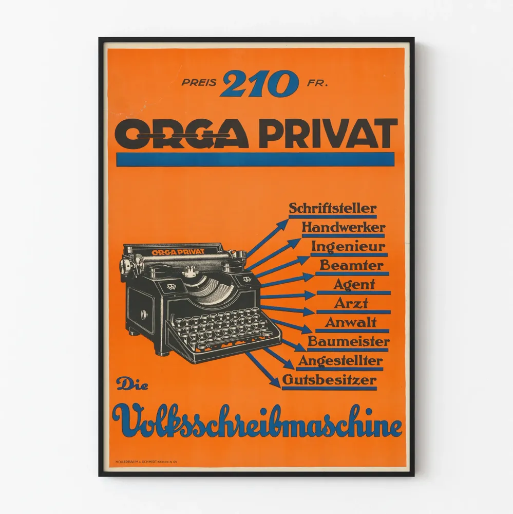 Vintage-työpöytäkoneen juliste Orga Privat seinäkoriste