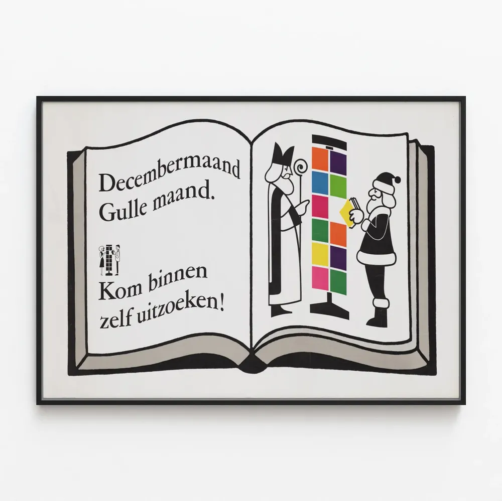 Vintage-tyylinen koristejuliste 'Decembermaand Gulle Maand' avointen kirjan muotoisena