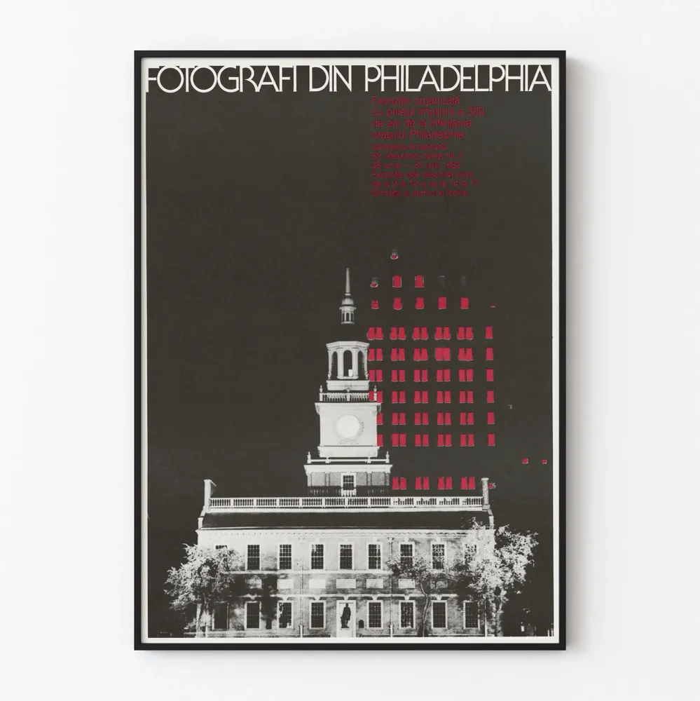 Vintage-valokuvajuliste Philadelphiasta mustavalkoisena ja punaisena