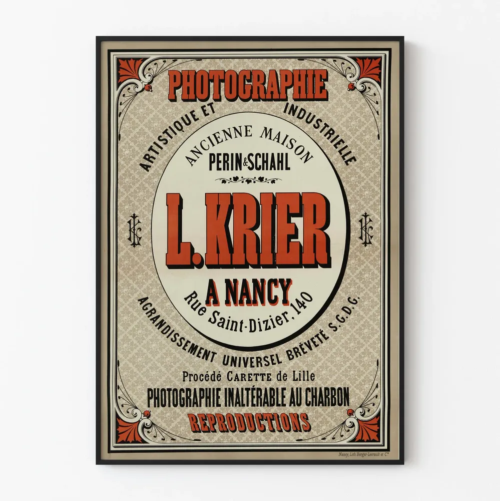 Vintage-valokuvaus taiteellinen ja teollinen juliste L. Krier Nancyssä